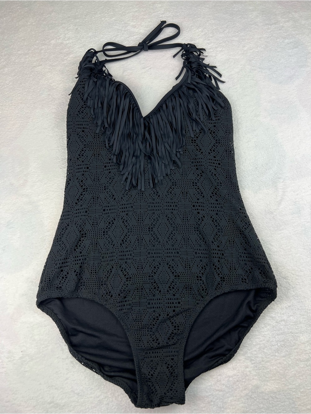 NWT Jessica Simpson Black Fringe One Piece Swimsuit Medium Boho Crochet